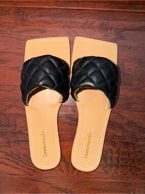 Lemon Black Quilted Slide Mules with Tan Footbed
